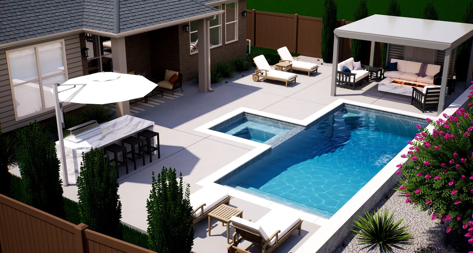 Full backyard pool design — Pool · spa · pergola