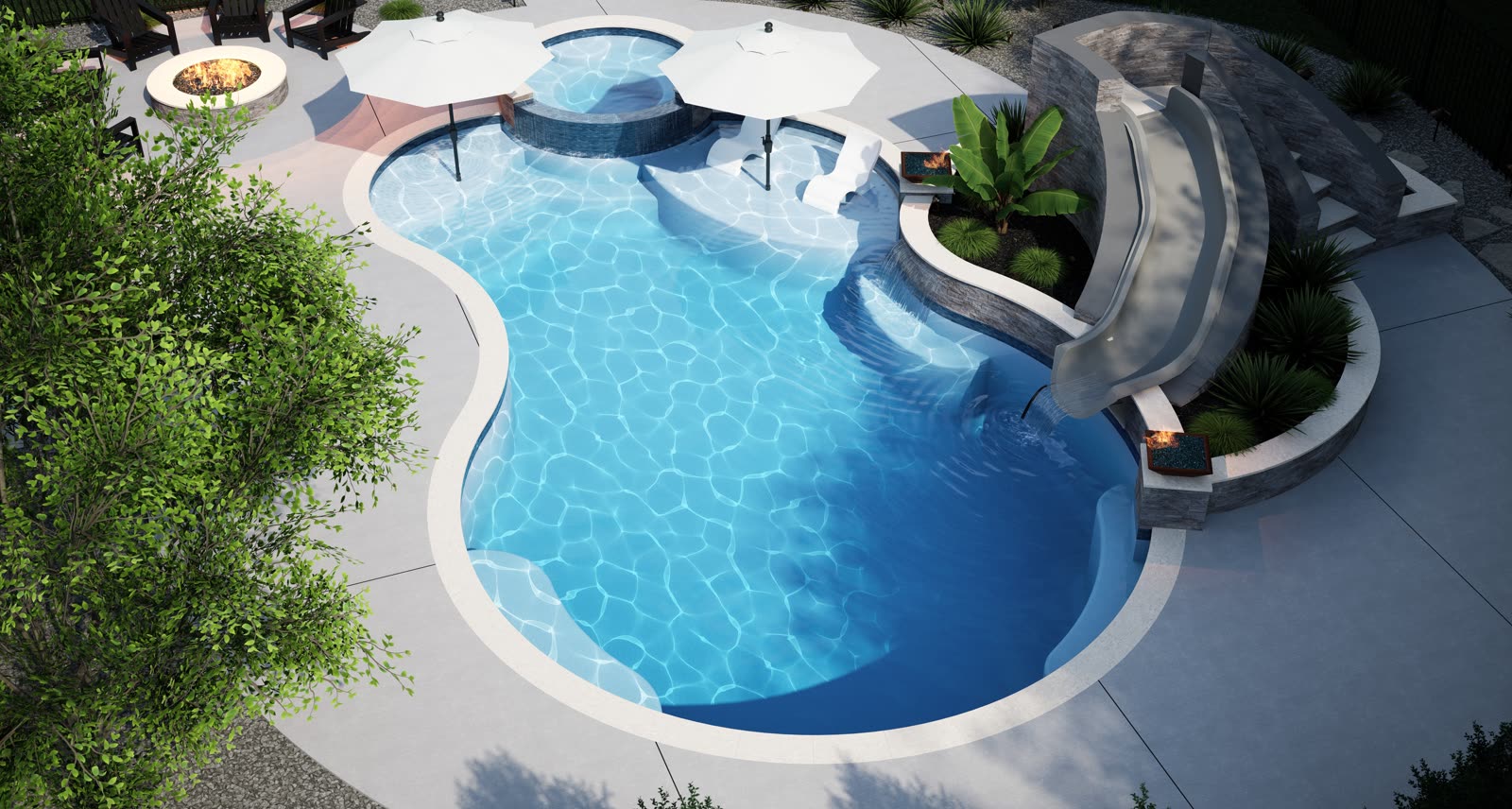 Resort-style pool design — Slide · waterfall · fire